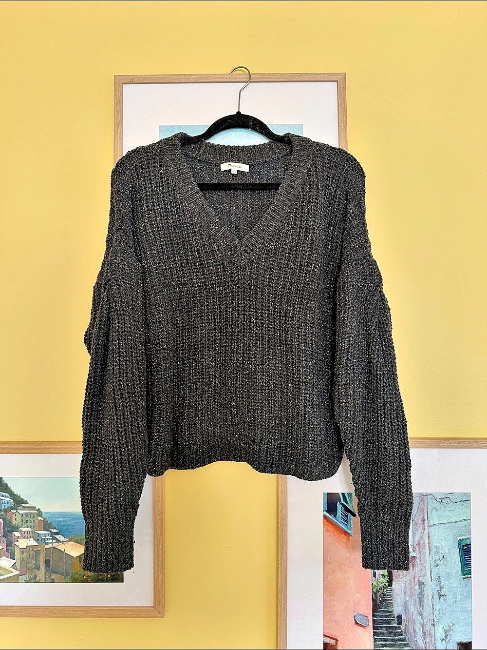Madewell Charcoal Gray Chunky Knit V-Neck Sweater Size Small
